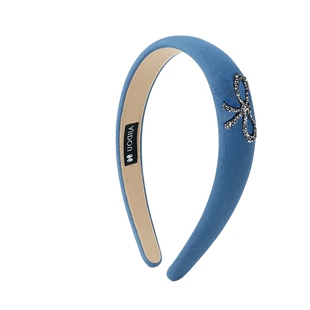 AJIDOU阿吉豆发饰女牛仔蓝复古发箍气质蝴蝶结仿水晶高颅顶宽头箍