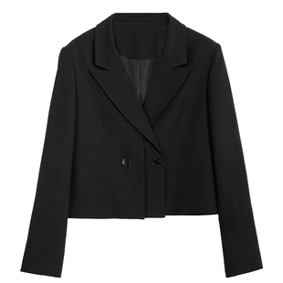 图曼朵黑色教资通勤面试西装套裙女2025秋季小个子正装短款小西服