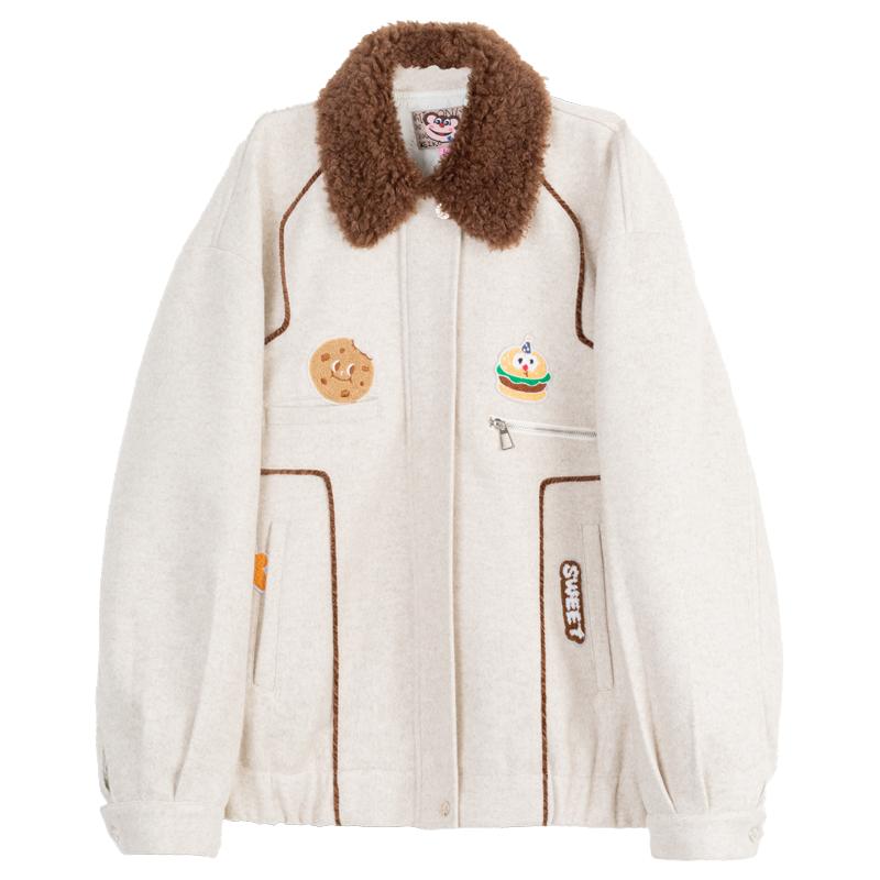 凯莉欧日系绣标短款夹棉毛呢外套