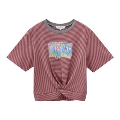 MOUSSY褶皱条纹设计感印花T恤