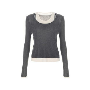 wana try天丝亚麻拼接假两件式针织上衣2025秋季新款简约针织衫女