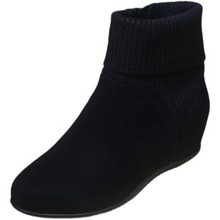 内增高女鞋2025新款加绒软皮软底不累脚真皮坡跟圆头棉靴针织靴子