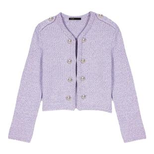 Maje秋冬女装法式时尚淡紫色光泽亮片短款长袖直筒针织开衫上衣