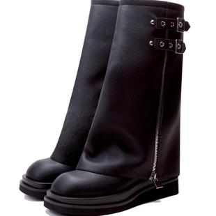 littlegood甜酷机车靴女新款设计感裤筒靴百搭潮酷中筒马丁靴