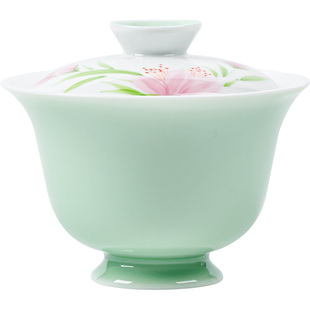 观岚豆青手绘二才盖碗单个茶碗釉下彩百合花家用不烫手陶瓷泡茶碗