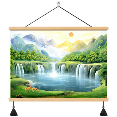 现代流水生财山水风景画餐厅挂画