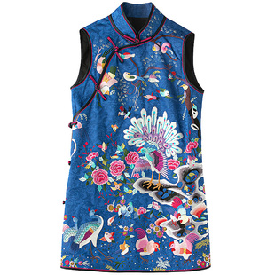 高端定制新中式马甲外套秋冬女中长款复古盘扣大码手绣中国风坎肩