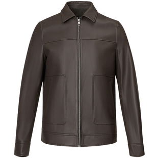 圣得西棕绿色真皮皮衣2025年冬季新款商务轻旅翻领拉链皮夹克外套