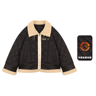 Amybaby女童上衣冬季2025新款潮流方格夹克式加厚翻领棉服外套