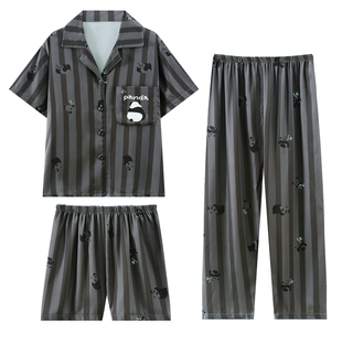 熊猫男童冰丝睡衣三件套夏季薄款短袖儿童家居服青少年男孩空调服