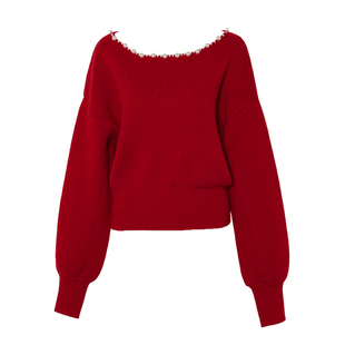 DPLAY【鸿运针织】新年红色毛衣珍珠圆领毛衣女上衣一字肩针织衫