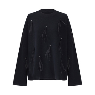 IAmMIX27黑色圆领套头毛衫女设计感钉钻羽毛保暖全绵羊毛休闲毛衣