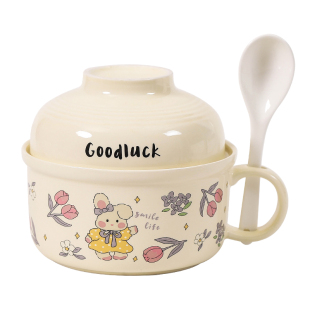 陶瓷泡面碗带盖勺带手柄碗个人专用方便面碗大号可爱打饭碗筷套装