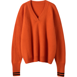 随意又洋气!加厚桔红色菱格山羊绒衫女纯羊绒毛衣宽松慵懒风新款