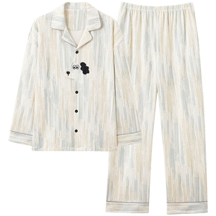 100%纯棉带胸垫睡衣女春秋款长袖开衫可爱卡通免穿内衣家居服套装