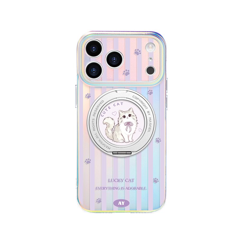 ANGYING × 条纹猫咪适用苹果17promax手机壳新款iphone16pro磁吸带支架ip15支点Lo5套全包高级感好看女14/13