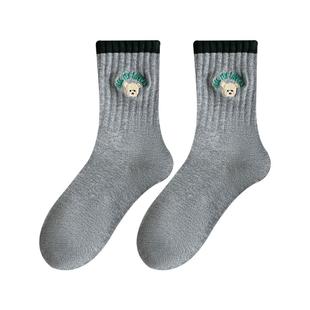 可爱小熊白色袜子女款中筒袜冬季ins潮纯棉卡通刺绣可爱韩系长袜