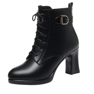 真皮高跟马丁靴女短靴秋冬英伦风粗跟防水台系带短筒皮靴加绒靴子