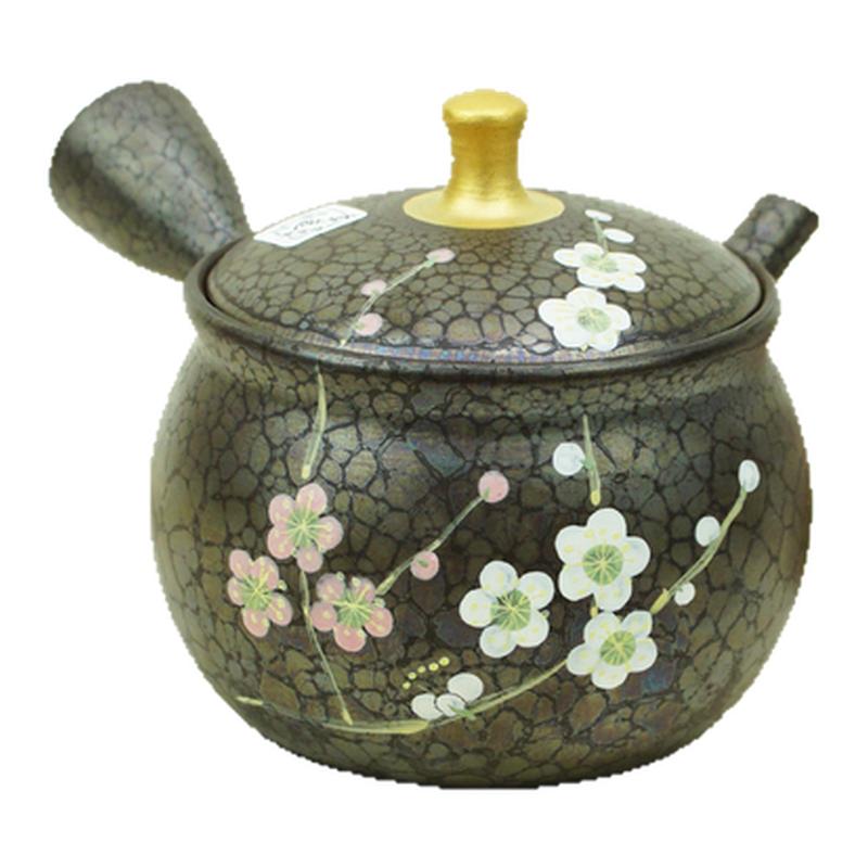 日本?；瑹?昭龍窯 梅原昭二泡茶壺紅白梅彩繪天目釉日式橫手側(cè)把