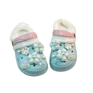 女童加绒洞洞鞋儿童中大童小公主棉拖鞋室内家居2025新款冬季外穿