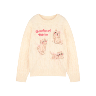 Amybaby女童上衣冬季2025新款甜美卡通猫咪印花蕾丝加厚套头毛衣