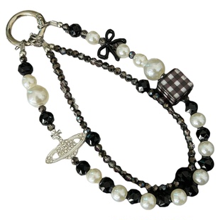 黑白手机链镶钻土星大牌挂链珍珠黑水晶双链条简约漂亮小众串珠手腕挂件手链轻奢高级感腕带挂链新款女夹片壳