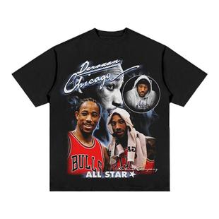 德罗赞美式球星T恤街头嘻哈潮牌复古印花做旧水洗重磅宽松短袖