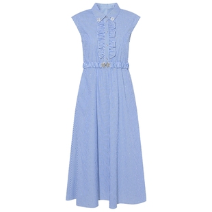 FEXATA斐格思2025夏季新品收腰miu系蓝白条纹衬衫裙中长连衣裙