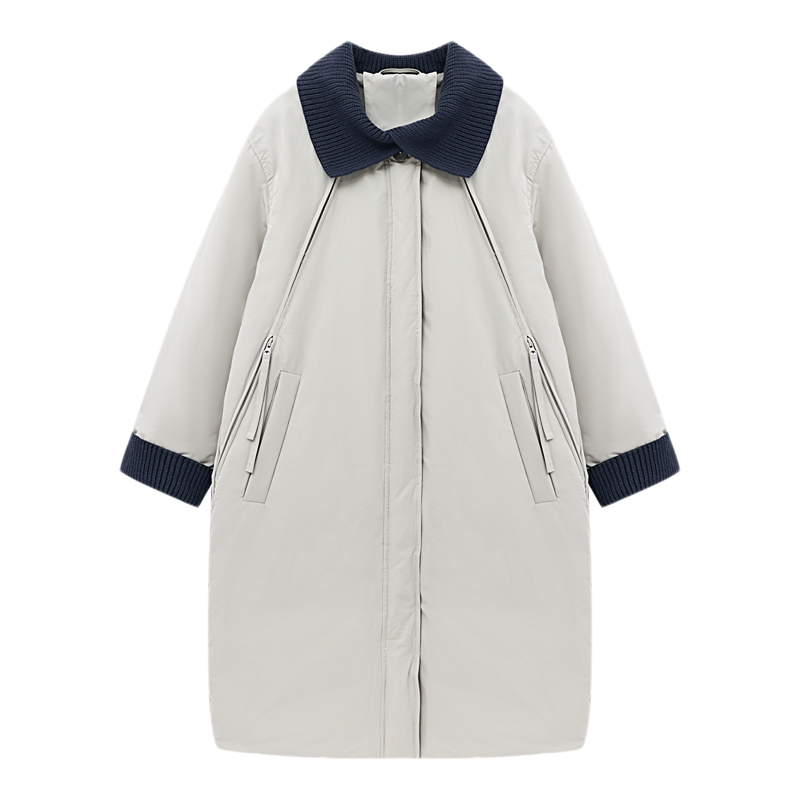 Basic House/百家好灰色针织领拼接长款羽绒服设计感白鸭绒外套女