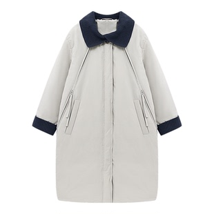 Basic House/百家好灰色针织领拼接长款羽绒服设计感白鸭绒外套女