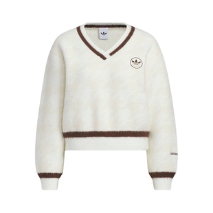 adidas阿迪达斯新款三叶草千鸟格毛绒运动V领女针织衫 KC2687