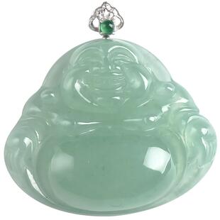 绿翠玉楼缅甸翡翠玉佛吊坠绿底佛公玉坠天然玉石笑佛18K金镶嵌394