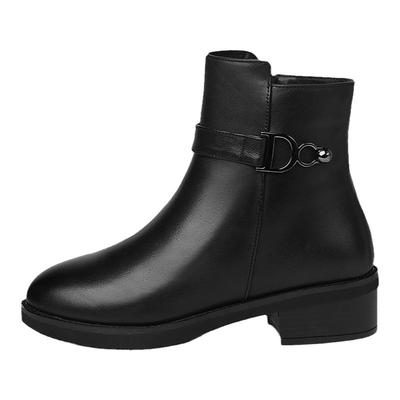 秋季富贵鸟女鞋真皮中跟短靴女2025新款秋冬妈妈平底棉靴粗跟皮鞋