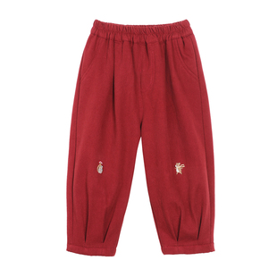 小O爸男婴童 宝宝裤子冬季加绒加厚男宝红色新年a类婴儿灯笼裤