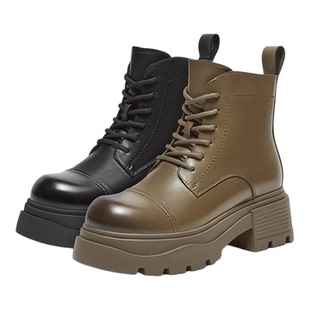 百思图24冬商场新款牛皮厚底马丁靴小个子女加绒短靴BF373DD4