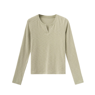 seawhen海维恩 秋季新款小V领简约高弹微修身竹节棉T恤打底衫3641