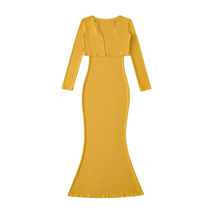 YoungGirlDay卡戴珊性感包臀鱼尾吊带连衣裙拖地长裙长袖开衫套装