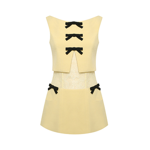 Maison Wester夏季女士鹅黄蕾丝拼接假两件无袖连衣裙可露丽穿搭