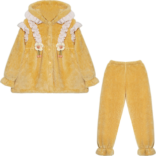 Bananagirl睡衣女冬季新款加厚珊瑚绒保暖两件套家居服连帽套暖和