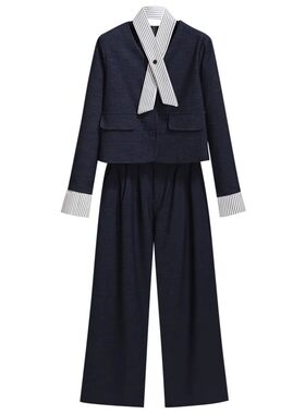 藏蓝色西装外套阔腿裤女两件套装