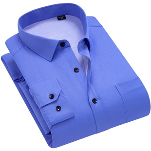 保罗保暖衬衫男长袖加绒加厚商务条纹职业装工装纯蓝色工作服衬衣