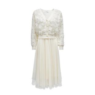 t区绫致VeroModa连衣裙24冬钉珠网纱针织衫吊带长裙真两件