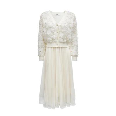 t区绫致VeroModa连衣裙24冬钉珠网纱针织衫吊带长裙真两件