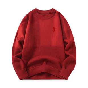 Ami iepo官方红色针织毛衣男女秋冬季慵懒高级感百搭宽松情侣上衣