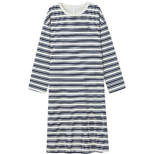 康妮雅条纹纯棉睡衣女春秋宽松长袖睡裙休闲大码宽松可外穿家居服