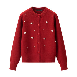 拉夏贝尔/La Chapelle小香风圆领珍珠花朵针织开衫女气质百搭毛衣