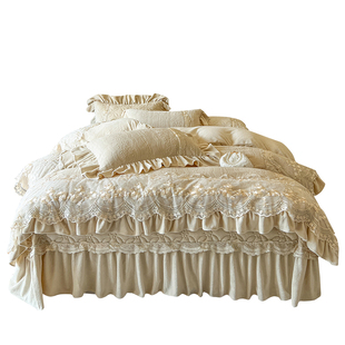 加厚A类雕花牛奶绒夹棉床盖款四件套紫色高端花边刺绣被套床品冬