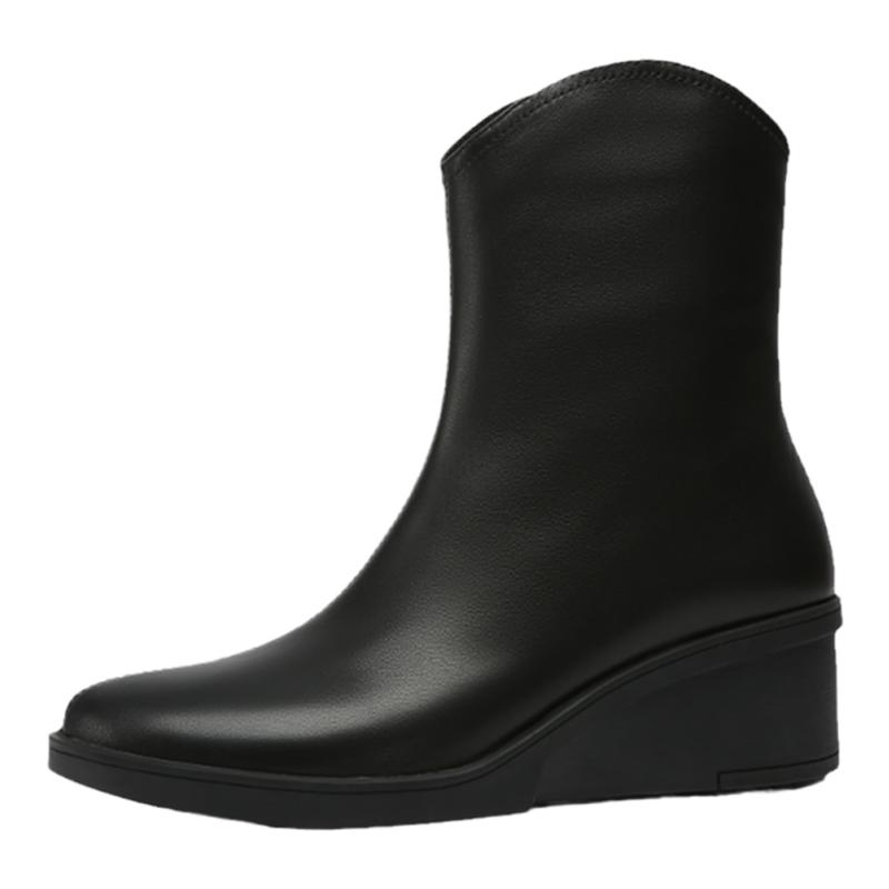 金利来妈妈皮靴女秋冬百搭中老年真皮时装靴短筒拉链黑色坡跟短靴