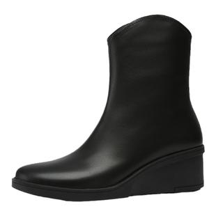 金利来妈妈皮靴女秋冬百搭中老年真皮时装靴短筒拉链黑色坡跟短靴