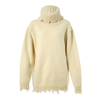 【清仓】米白色基础手工剪毛边高领套头毛衣